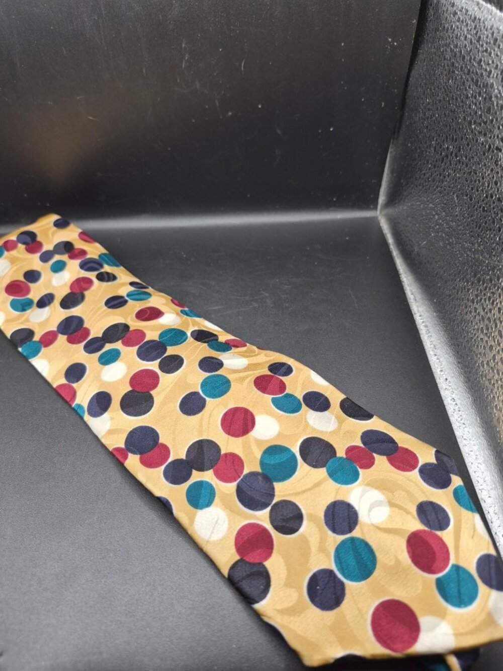 Vintage Cezani Polka Dot Pattern Silk Tie Beige Red Blue White Dots Made In USA